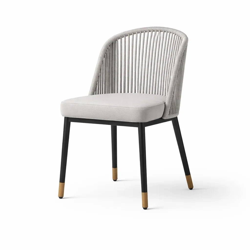 Sedia da pranzo in metallo nero con seduta in tessuto grigio e schienale in corda-CHICLIVINGVIBES