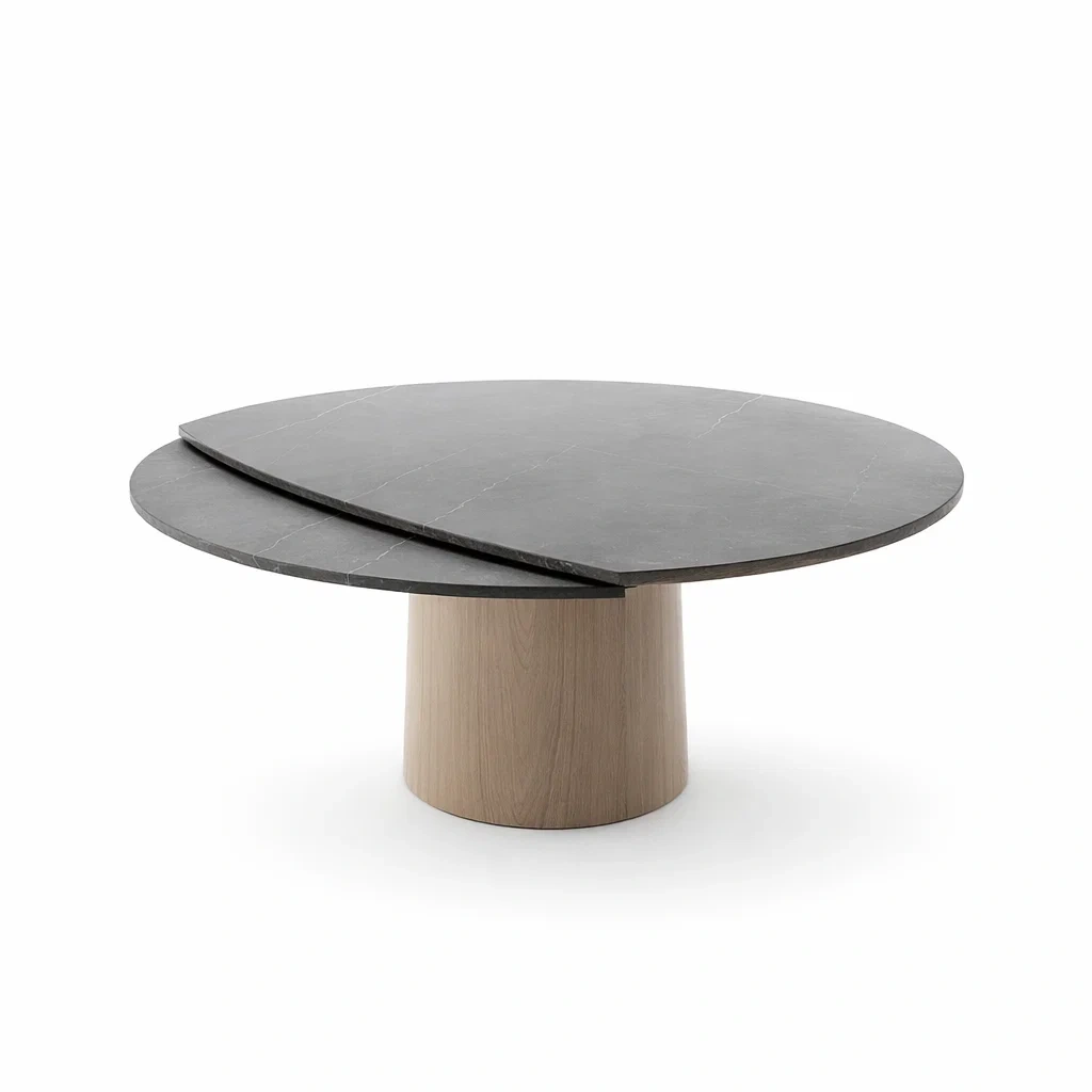 Tavolo da pranzo rotondo in marmo nero e rovere-CHICLIVINGVIBES