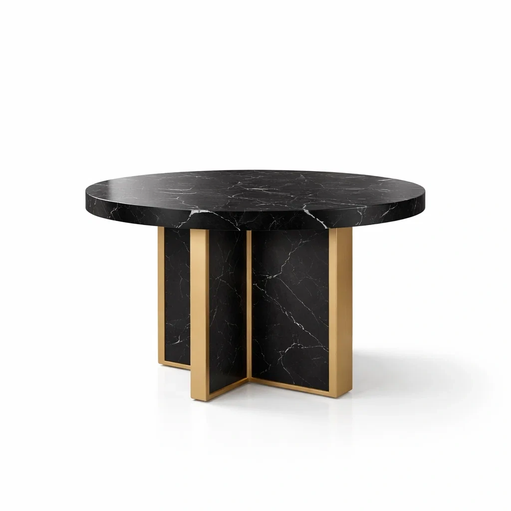 Tavolo da pranzo rotondo in marmo nero con struttura in metallo dorato-CHICLIVINGVIBES