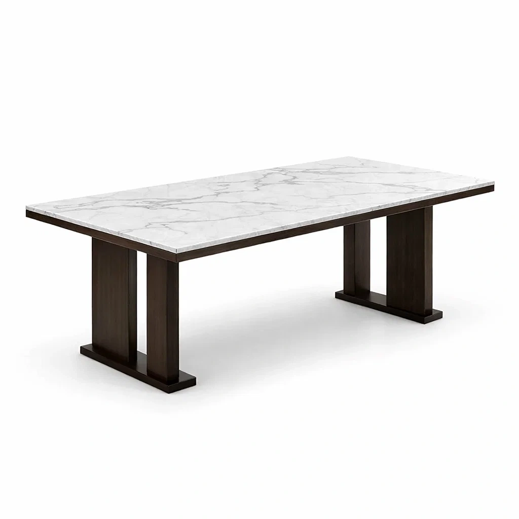 Tavolo da pranzo rettangolare in marmo bianco e legno scuro-CHICLIVINGVIBES