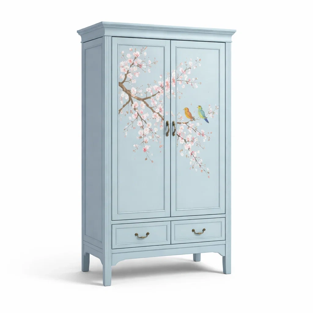 Armadio in legno di pino celeste con motivo floreale dipinto a mano-CHICLIVINGVIBES