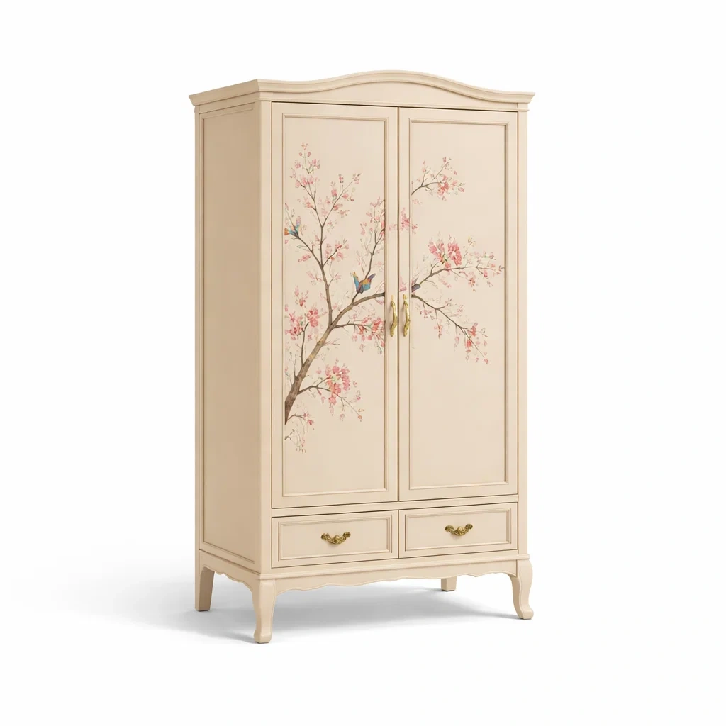Armadio in legno con dipinto di fiori e uccelli-CHICLIVINGVIBES