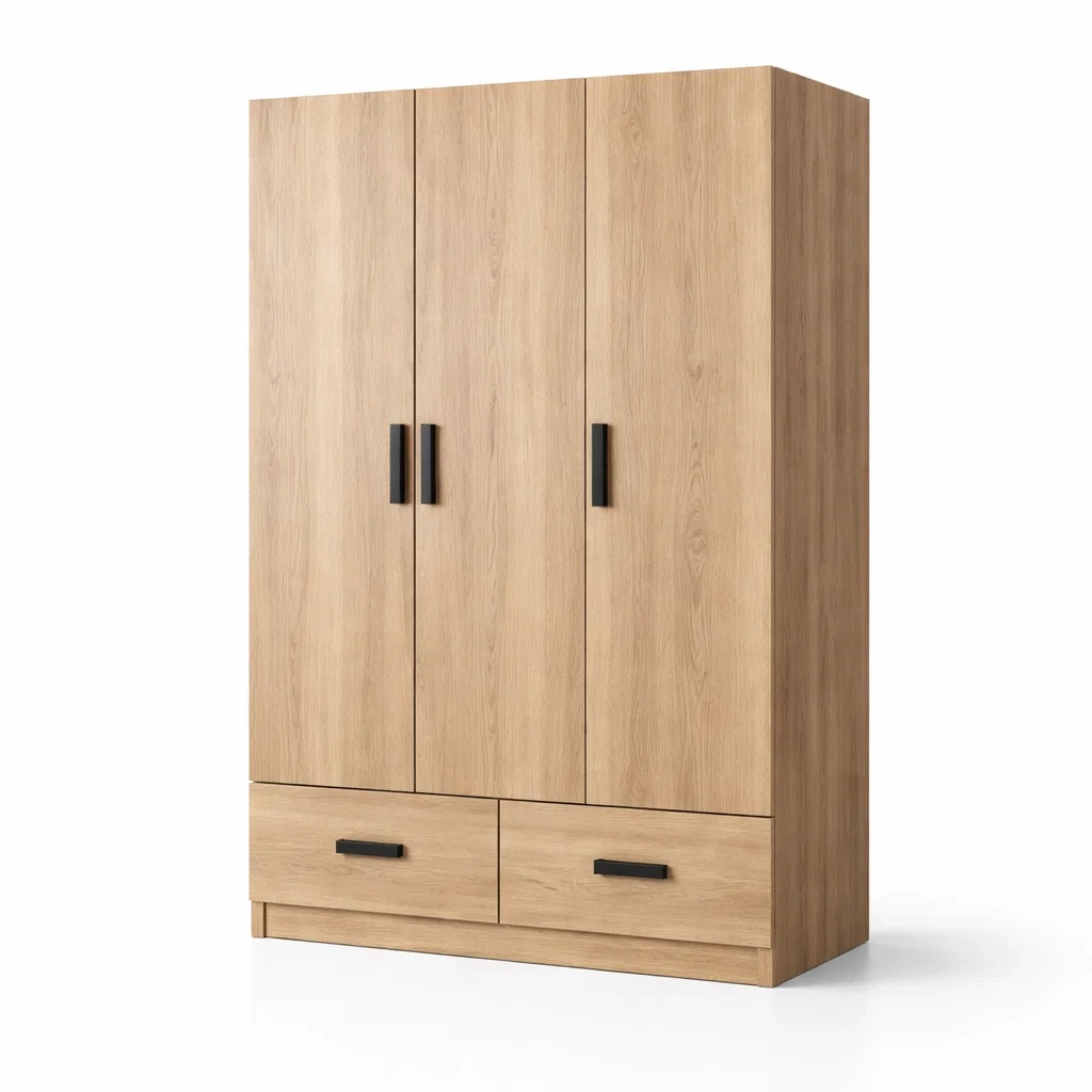 Armadio in legno con tre ante e due cassetti-CHICLIVINGVIBES