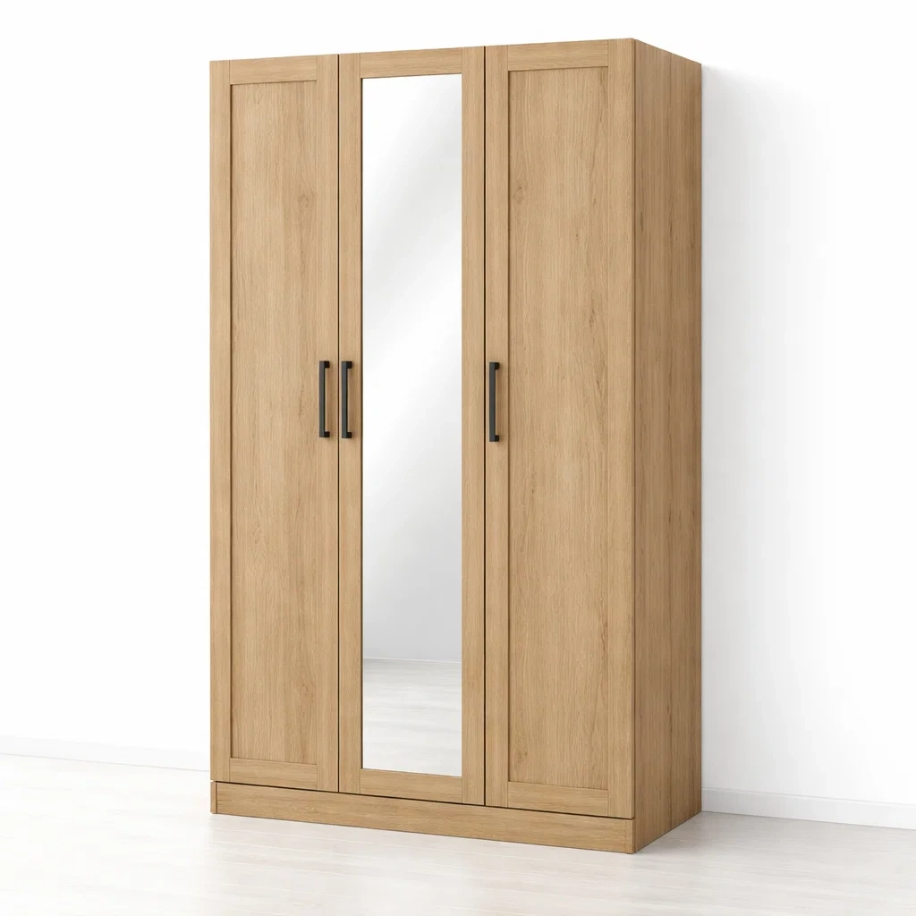Armadio a tre ante con specchio centrale in legno di quercia-CHICLIVINGVIBES