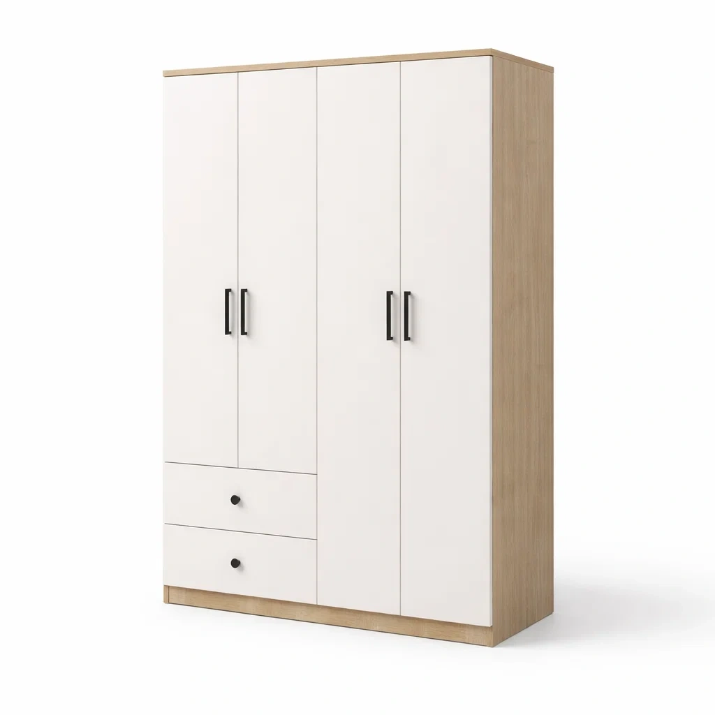 Armadio a tre ante e due cassetti in mdf bianco e rovere-CHICLIVINGVIBES