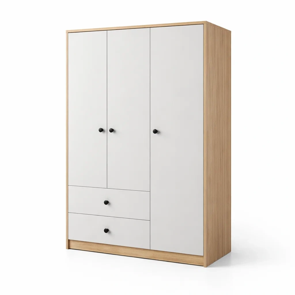 Armadio a tre ante in legno e bianco con cassetti-CHICLIVINGVIBES