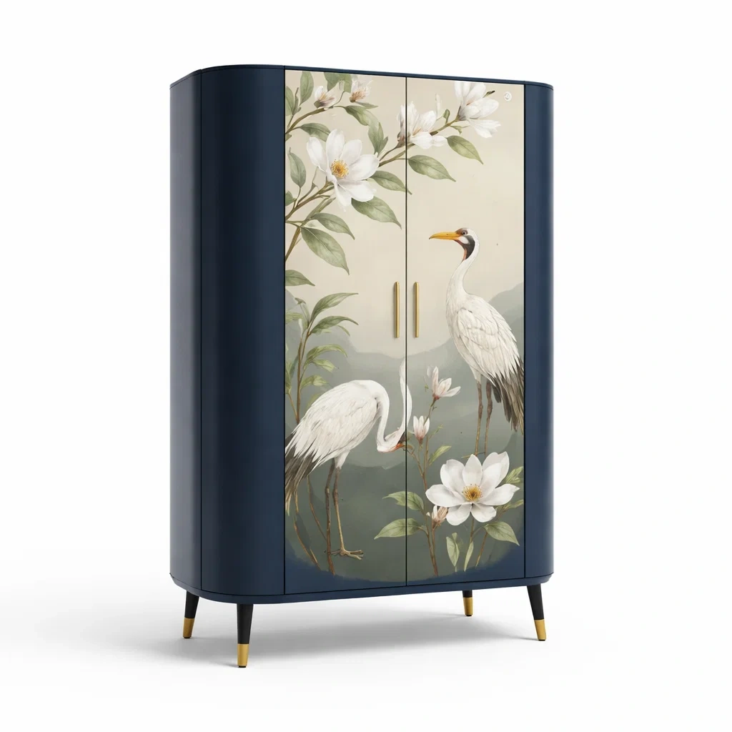 Armadio in legno con ante blu decorato con gru e fiori-CHICLIVINGVIBES