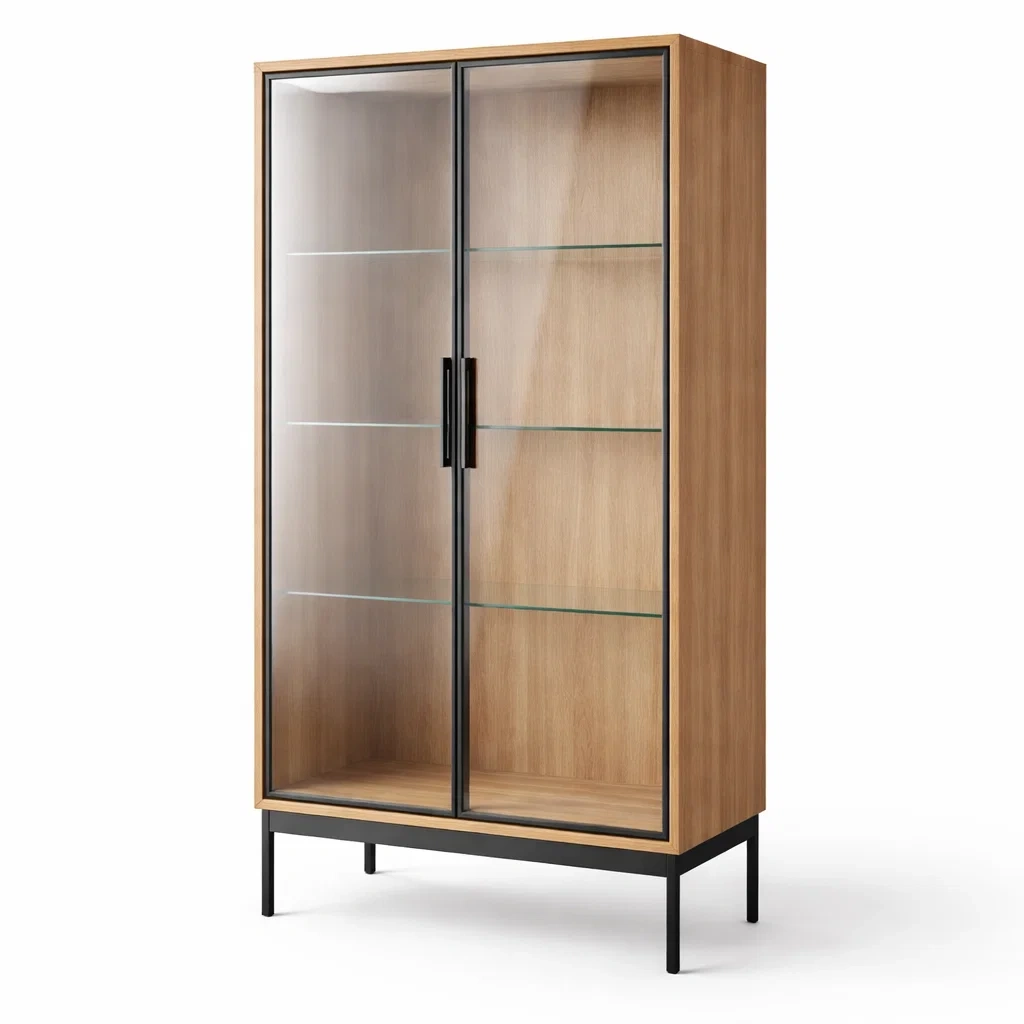 Vetrina in rovere e vetro temperato con struttura in metallo nero-CHICLIVINGVIBES