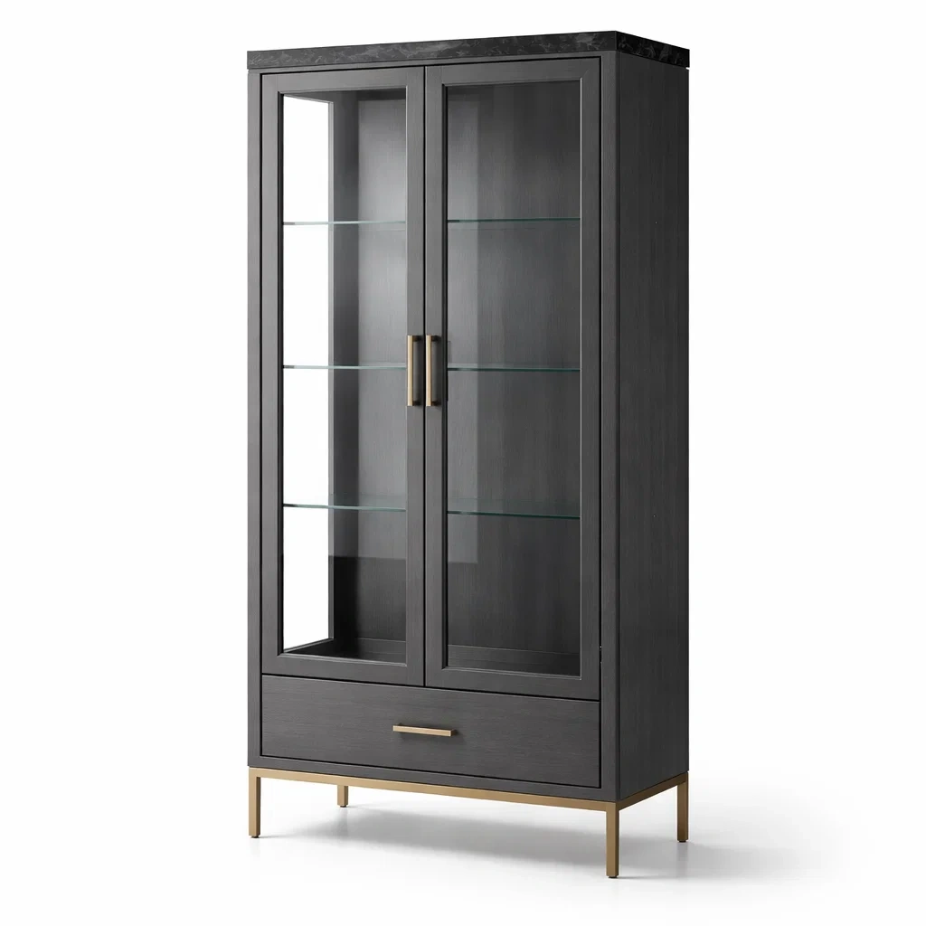 Vetrina grigio scuro con ante in vetro temperato e dettagli in metallo-CHICLIVINGVIBES