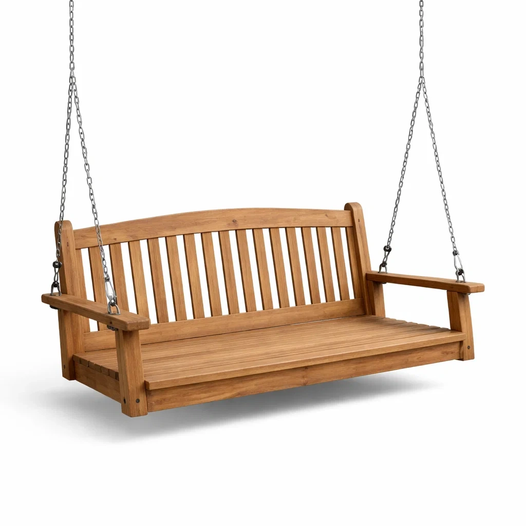 Altalena da veranda in legno di acacia con catene in acciaio-CHICLIVINGVIBES