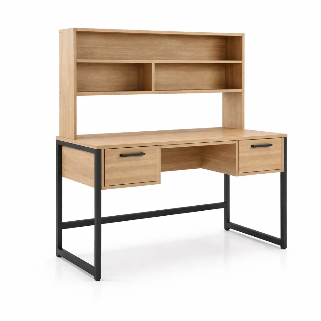 Scrivania in legno e metallo con ripiani e cassetti-CHICLIVINGVIBES