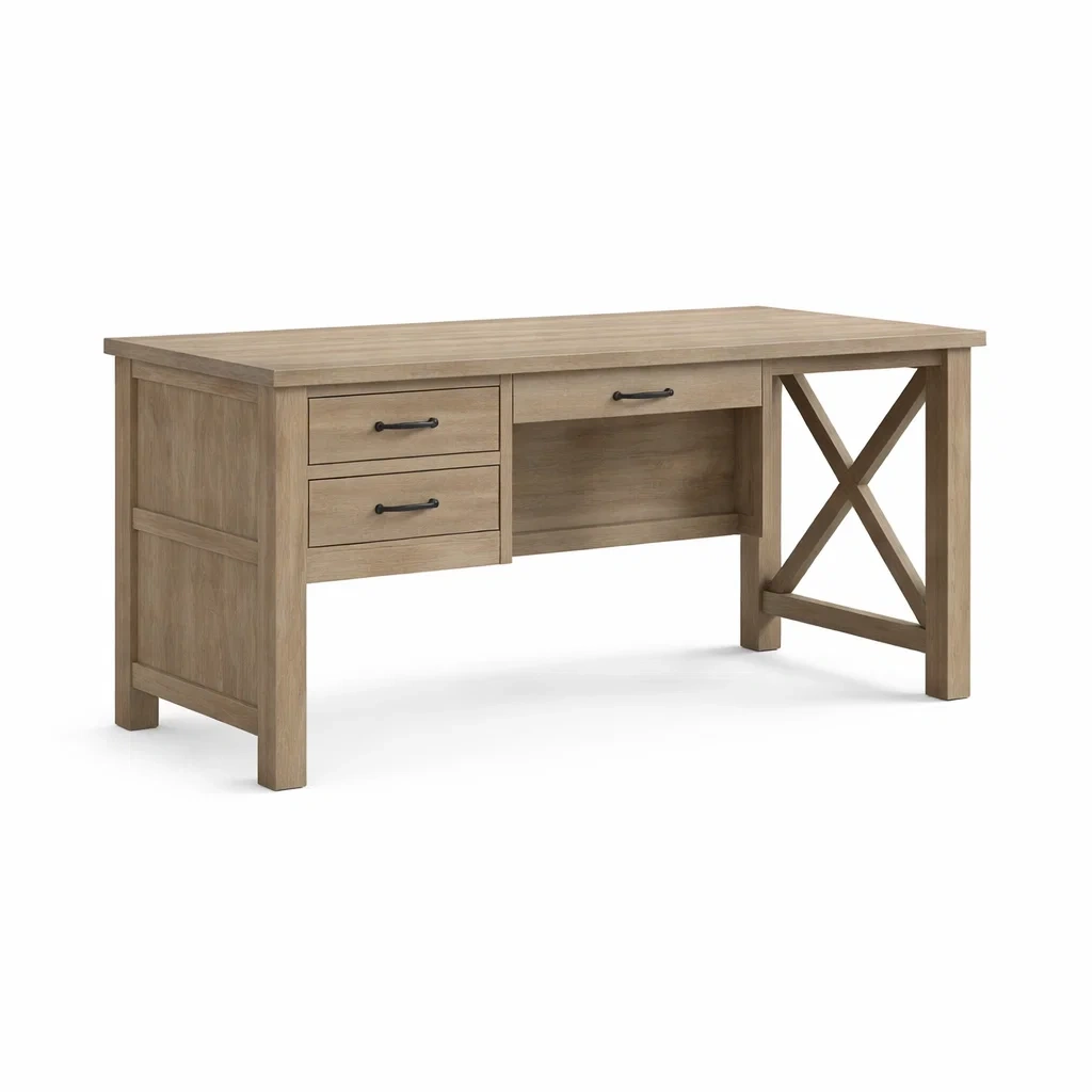 Scrivania in legno di pino con tre cassetti e struttura a croce-CHICLIVINGVIBES