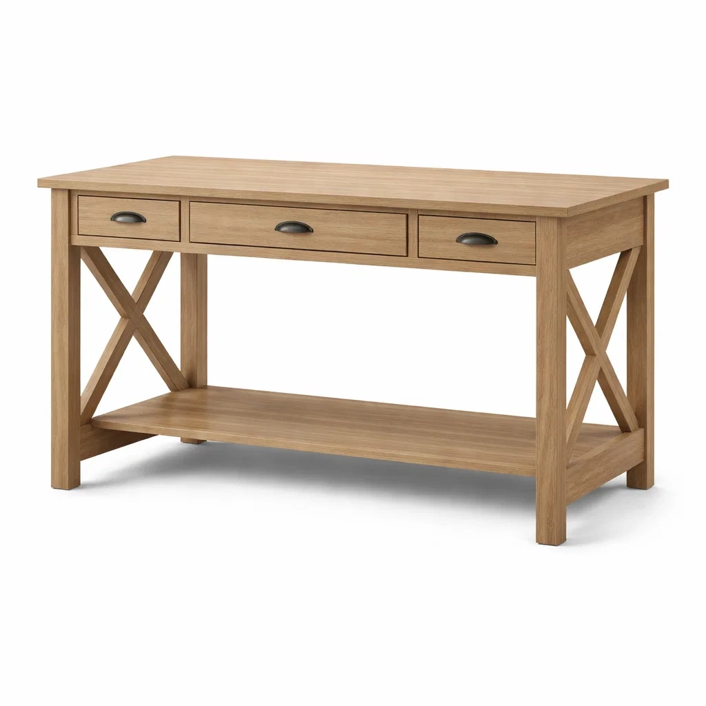 Scrivania in legno di rovere con tre cassetti e ripiano-CHICLIVINGVIBES