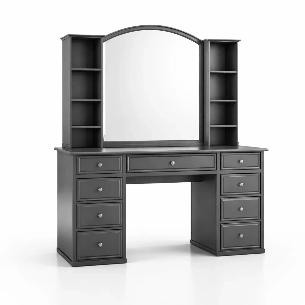 Toeletta in legno con specchio e cassetti grigio-CHICLIVINGVIBES