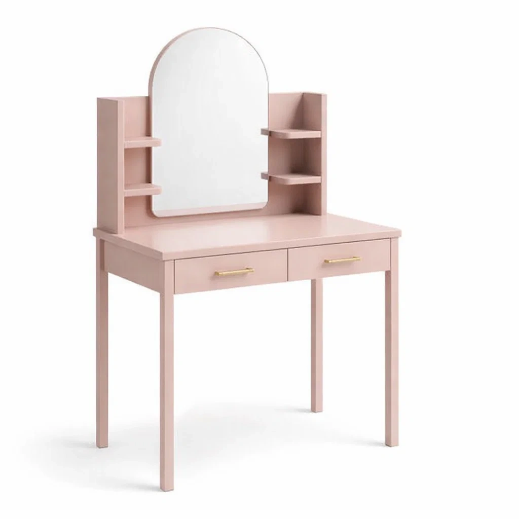 Toeletta in legno rosa con specchio e ripiani-CHICLIVINGVIBES