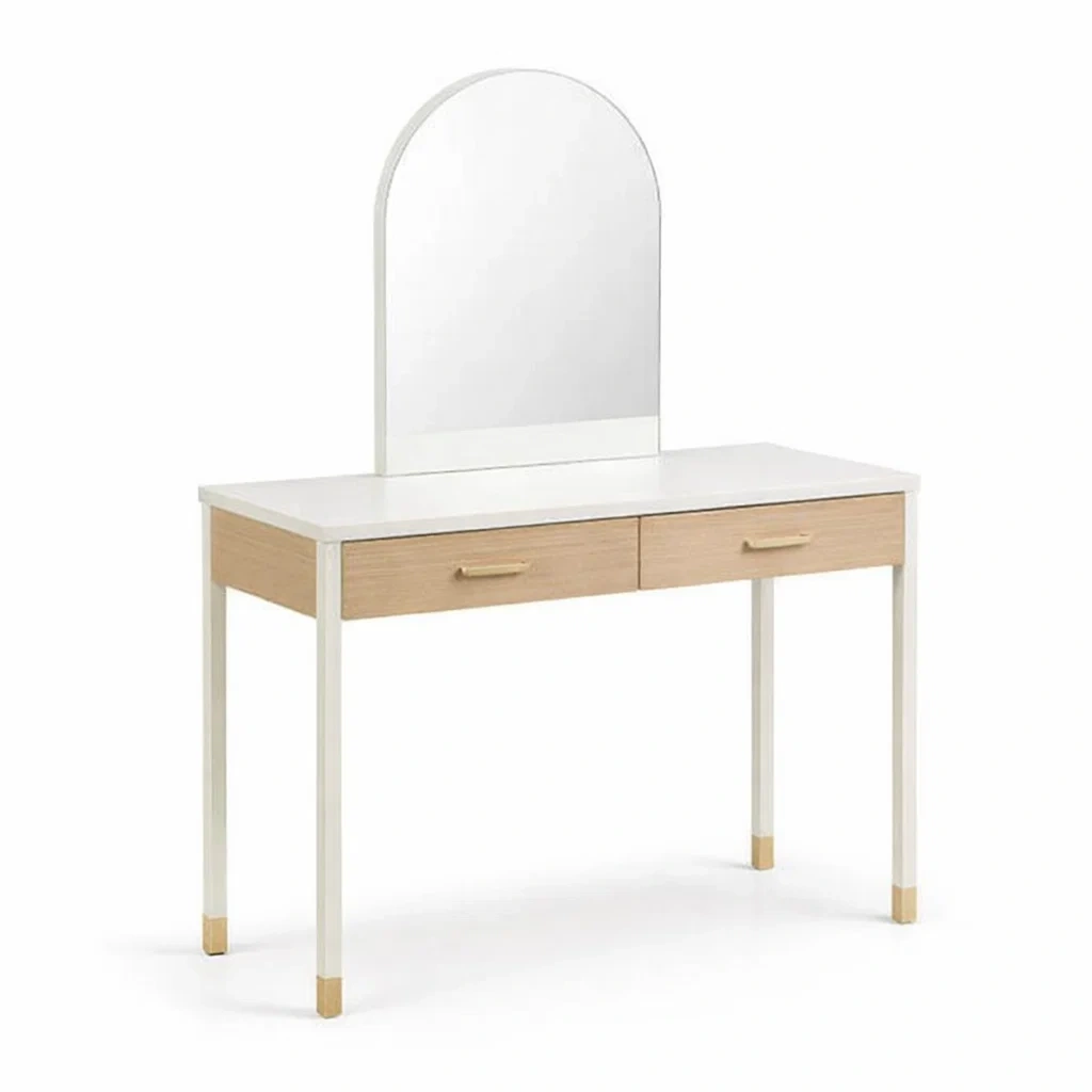 Toeletta con specchio e cassetti in legno e metallo bianco rovere-CHICLIVINGVIBES