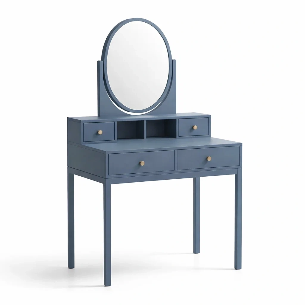 Toeletta in legno di pino con specchio ovale blu-CHICLIVINGVIBES