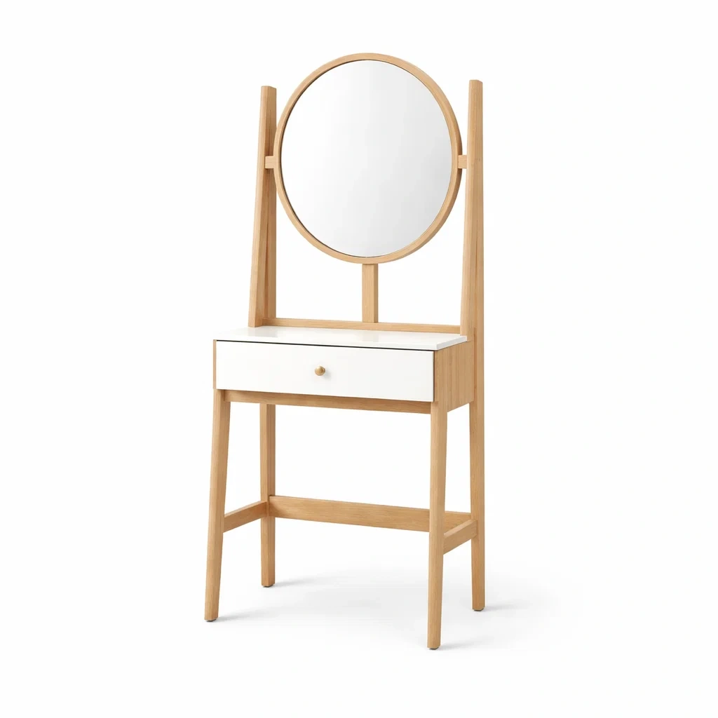 Toeletta in legno con specchio rotondo e cassetto bianco-CHICLIVINGVIBES