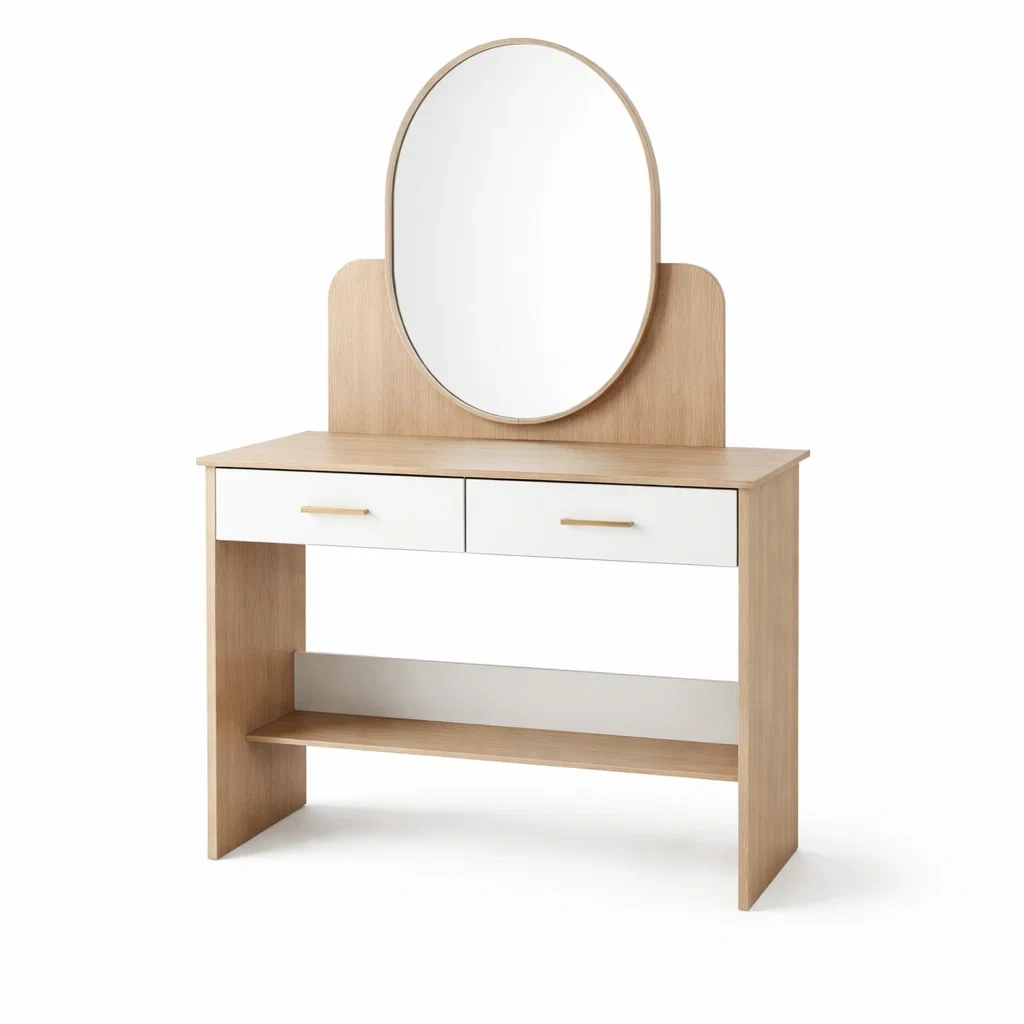 Toeletta con specchio ovale in legno e mdf-CHICLIVINGVIBES