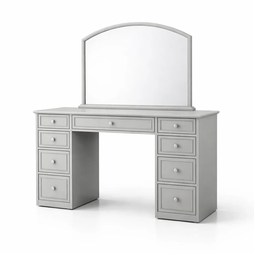 Toeletta grigia con specchiera in legno mdf e cassetti-CHICLIVINGVIBES