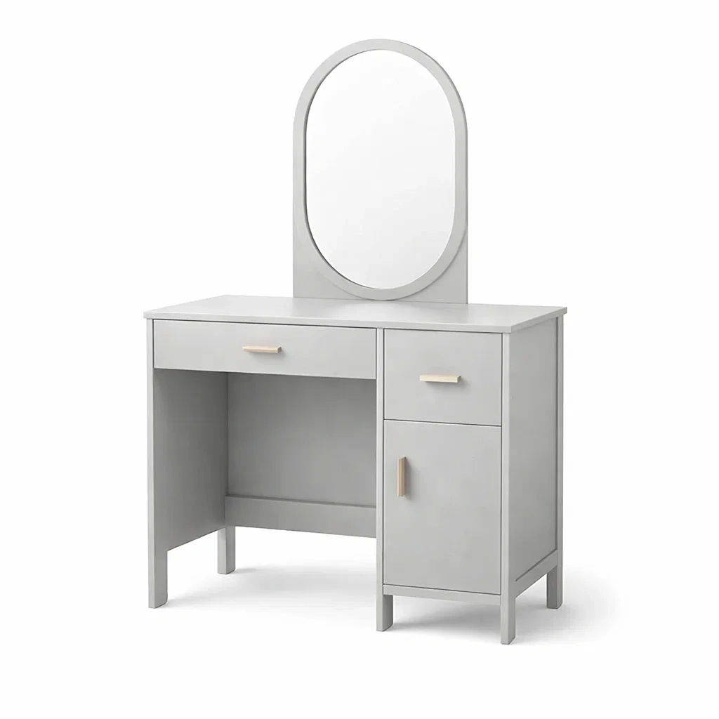 Toeletta con specchio ovale in legno grigio e metallo-CHICLIVINGVIBES