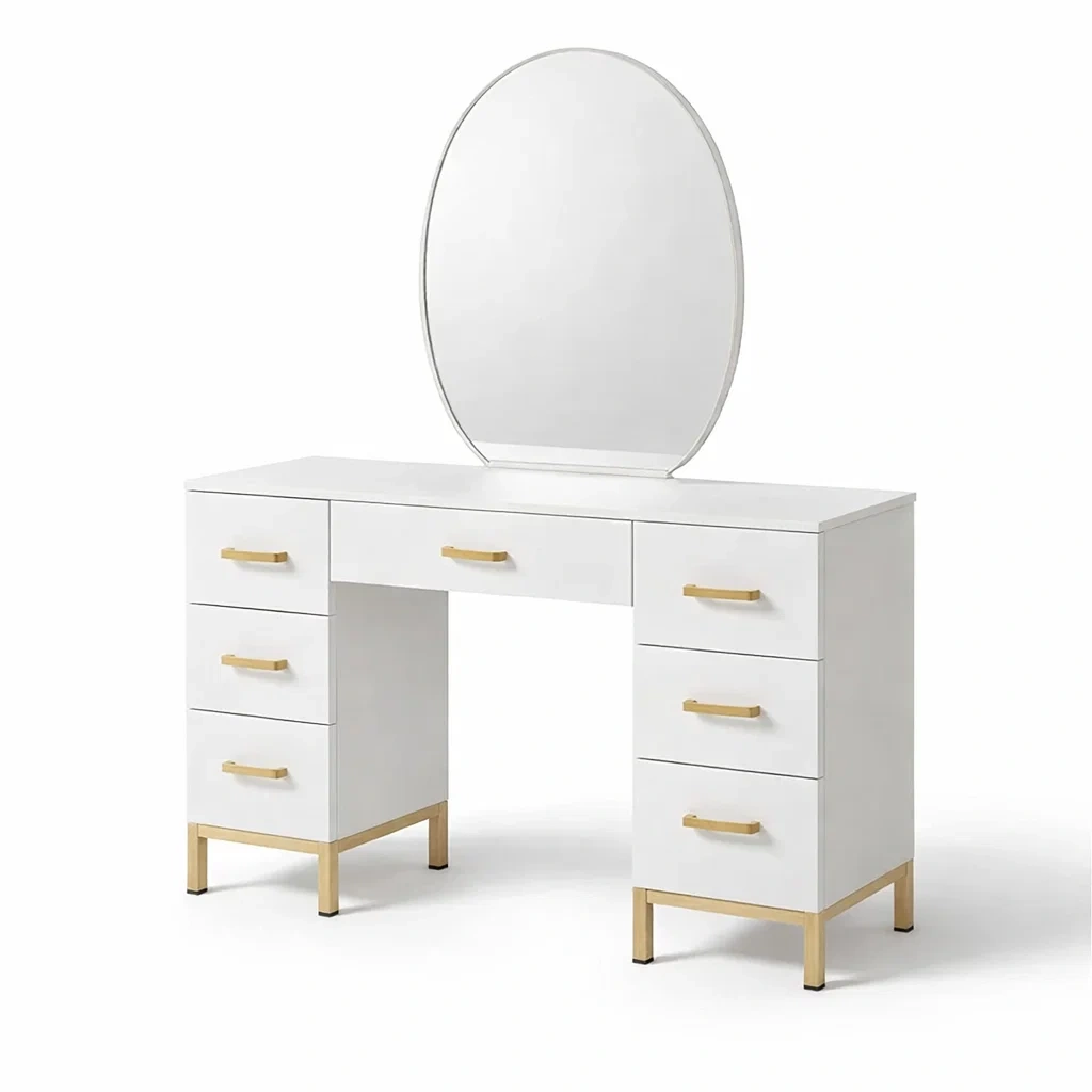 Toeletta in mdf bianco con specchio ovale e cassetti-CHICLIVINGVIBES