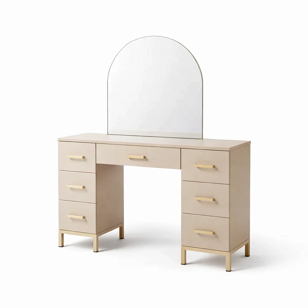 Toeletta in legno con specchio curvo e sei cassetti beige-CHICLIVINGVIBES