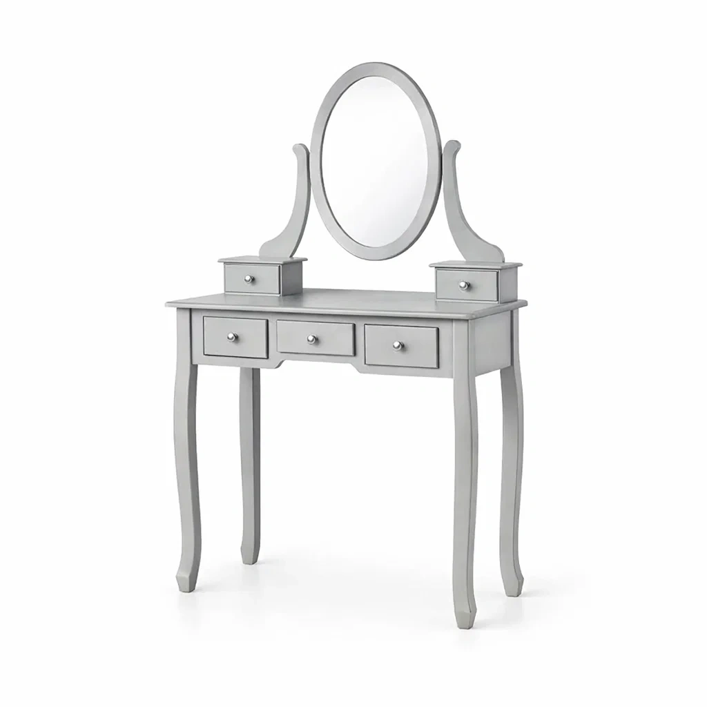 Toeletta in legno grigia con specchio ovale e cinque cassetti-CHICLIVINGVIBES