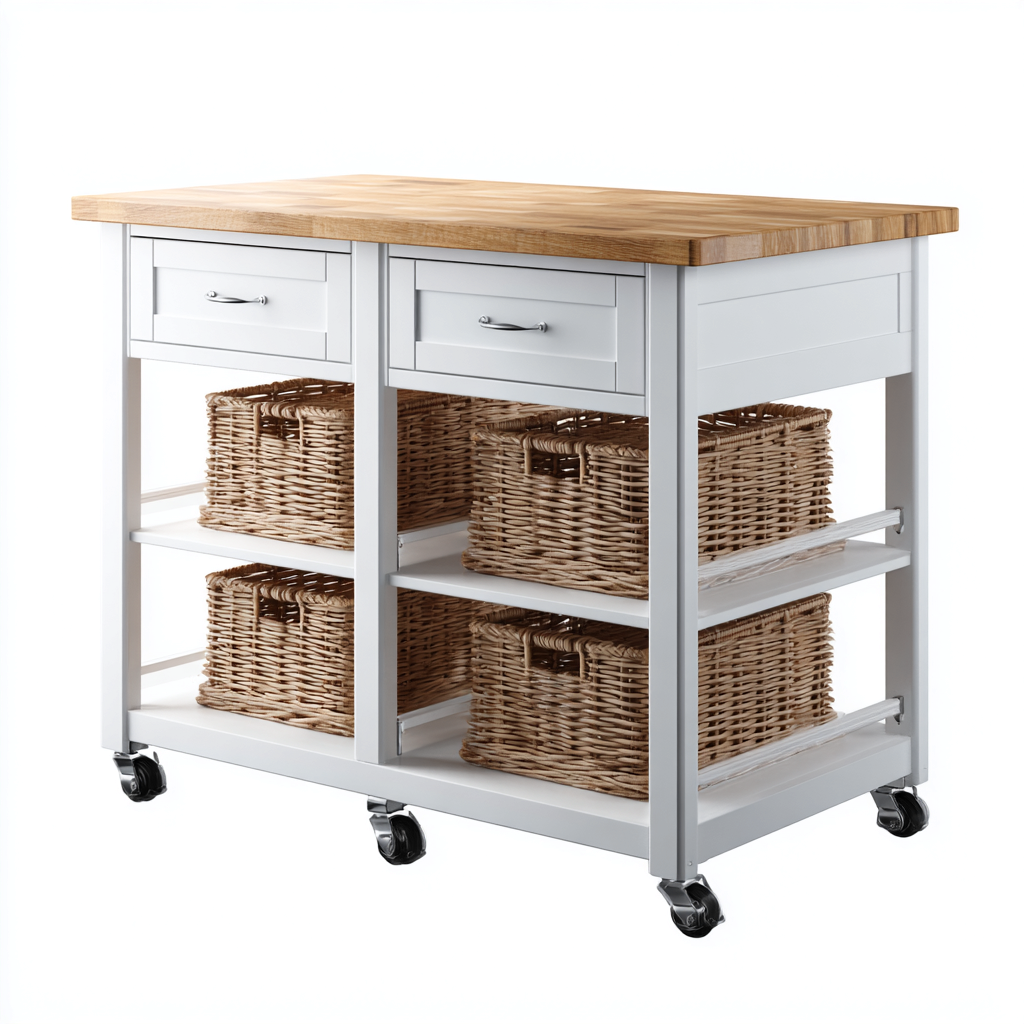 Îlot de cuisine en bois avec plateau 110x55x90 cm - blanc et bois naturel - style campagne moderne-Havengohut