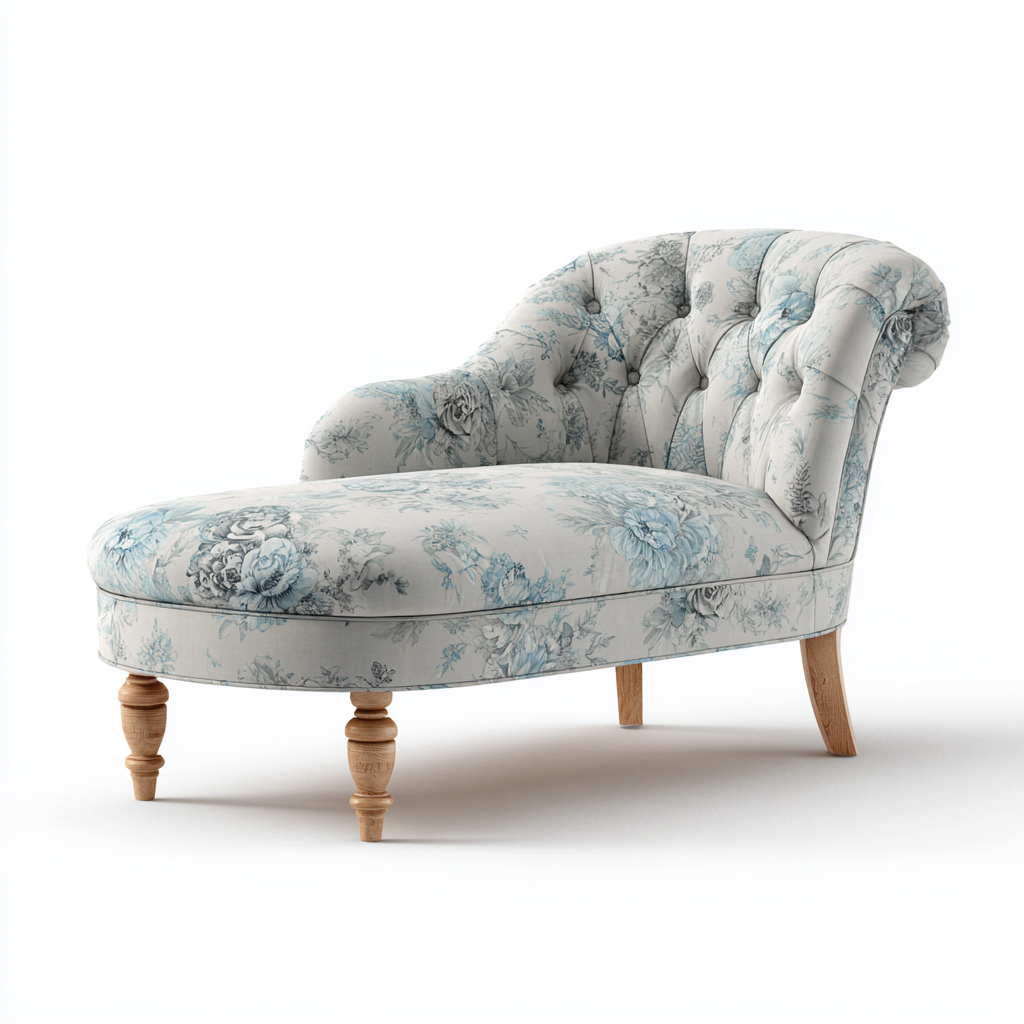 Chaise longue tissu floral 165x70x88 cm gris-bois naturel style classique-Havengohut