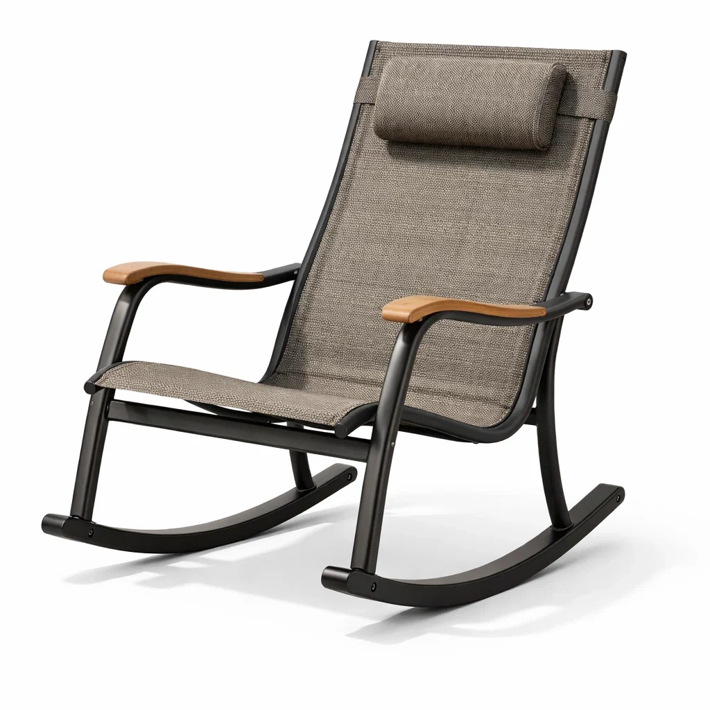 Fauteuil à bascule d’intérieur en métal et textile brun et noir-Dream Oasis Living