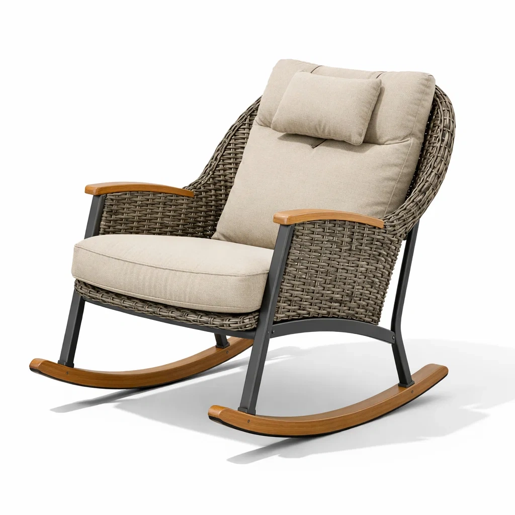 Fauteuil à bascule de terrasse en résine et acier avec coussins en polyester beige-Dream Oasis Living