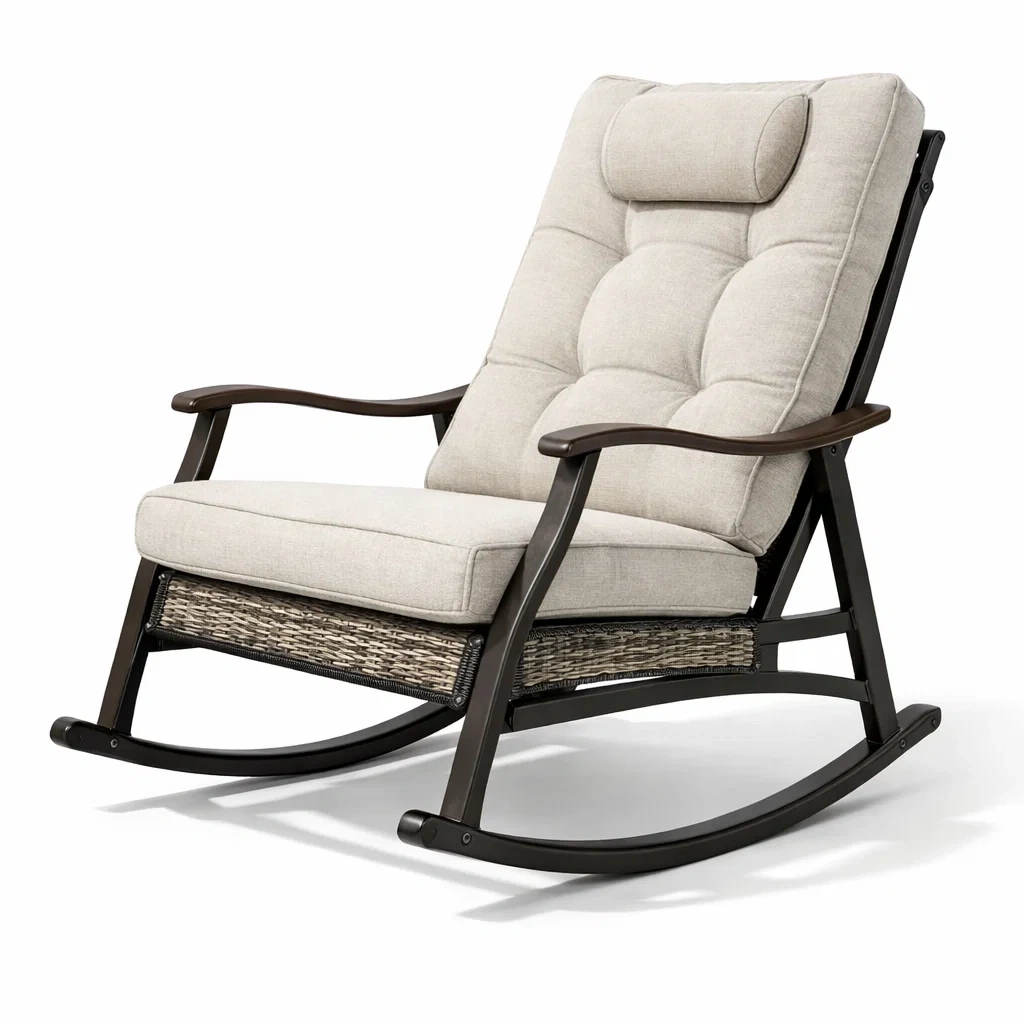 Fauteuil à bascule d’intérieur en métal et tissu avec coussin beige-Dream Oasis Living