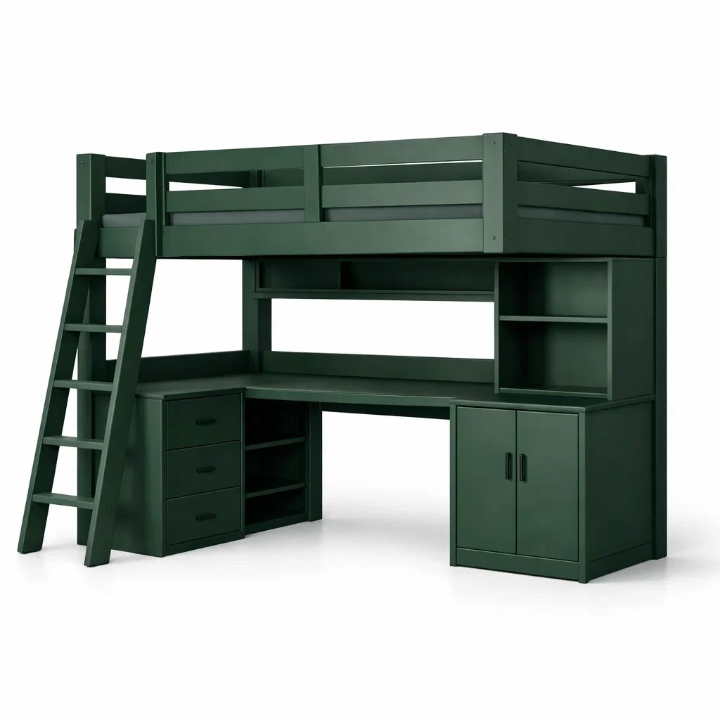 Lit mezzanine en bois vert avec bureau et rangement-Dream Oasis Living