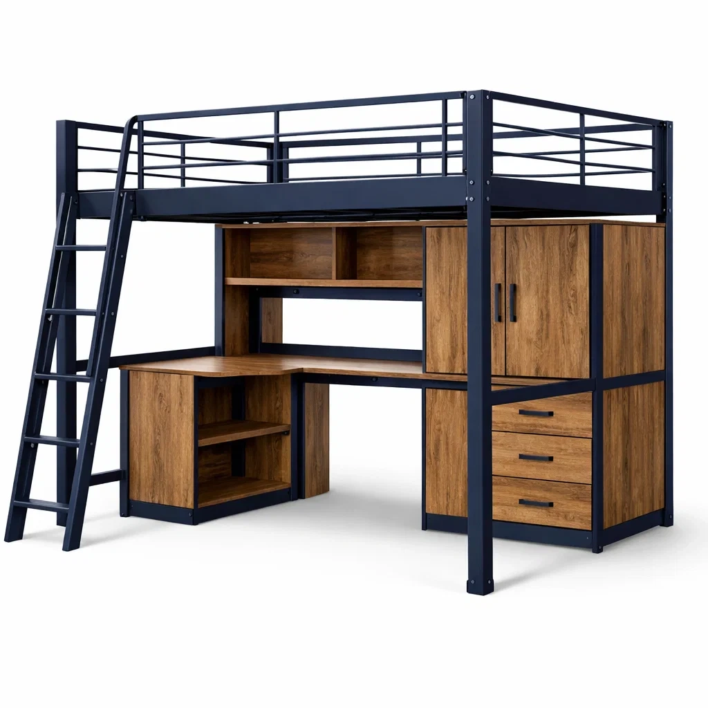 Lit mezzanine en métal et bois noir et chêne avec bureau et rangement-Dream Oasis Living