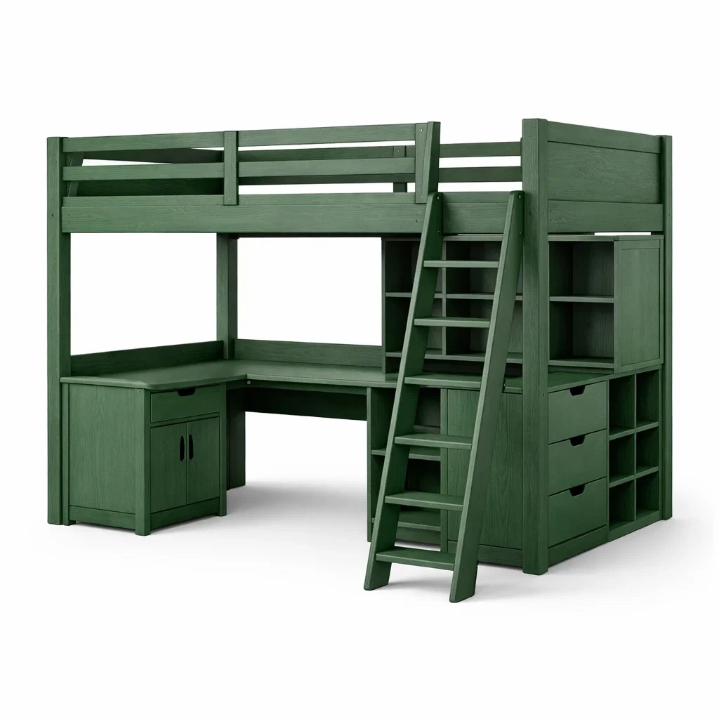 Lit mezzanine en bois vert avec bureau et rangements-Dream Oasis Living