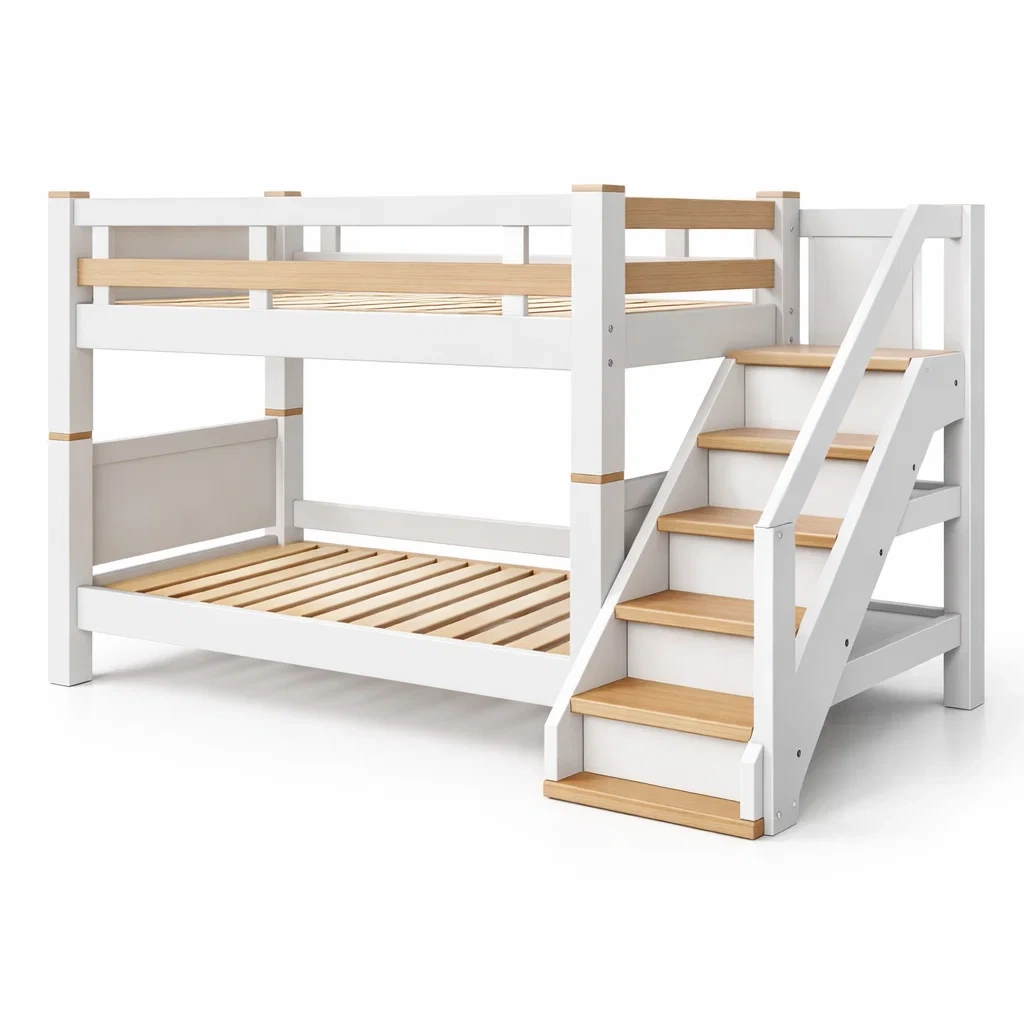 Lit superposé en bois blanc et pin avec escalier-Dream Oasis Living