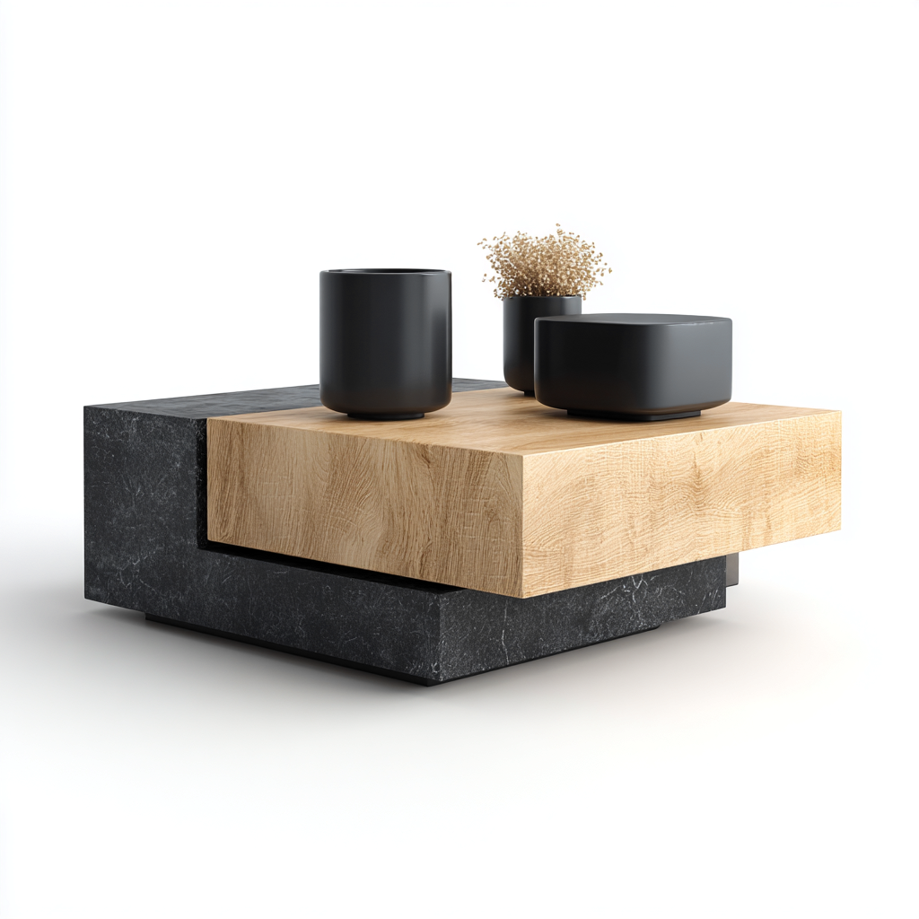 Couchtisch Stein-Holz 75x75x40 cm - Schwarz-Natur - Modernes Design-Homiupnest