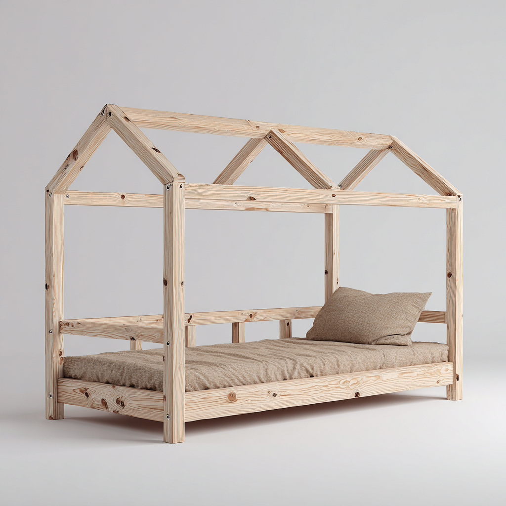 Kinderbett-Massivholz-160x88x150 cm-Holz Natur-Hausstil-Homiupnest