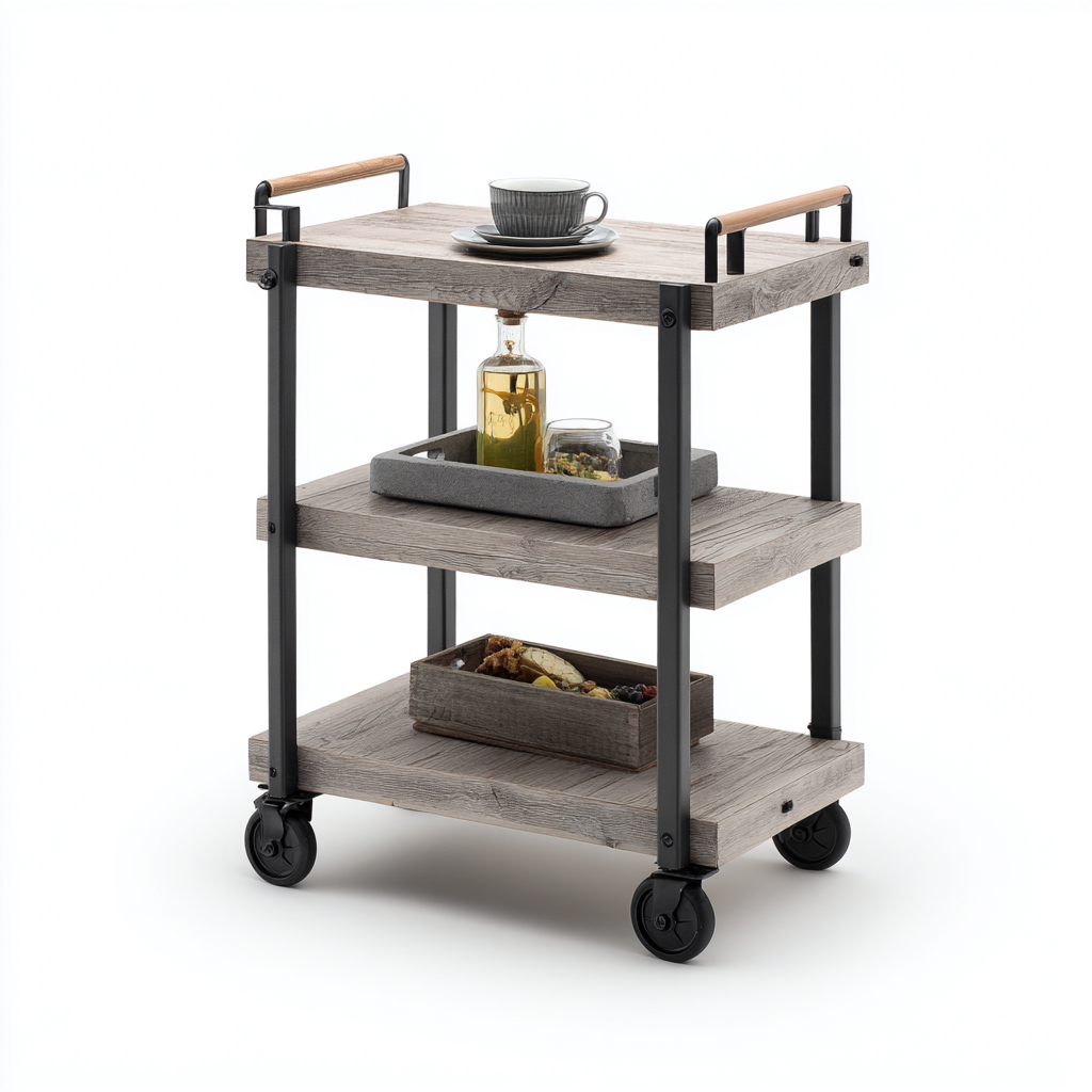 Küchenwagen-Metall-Holz-78x44x90 cm-Grau-Natur-mit Ablagefläche und Stauraum-Homiupnest