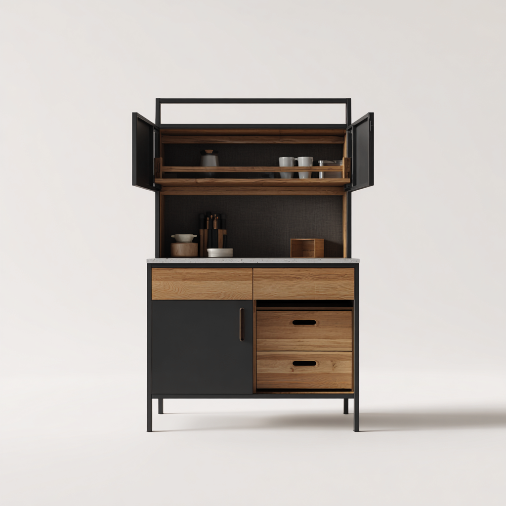 Küchenschrank - Holz - Metall - 110x50x160 cm - Schwarz-Eiche hell - modernes Design-Homiupnest