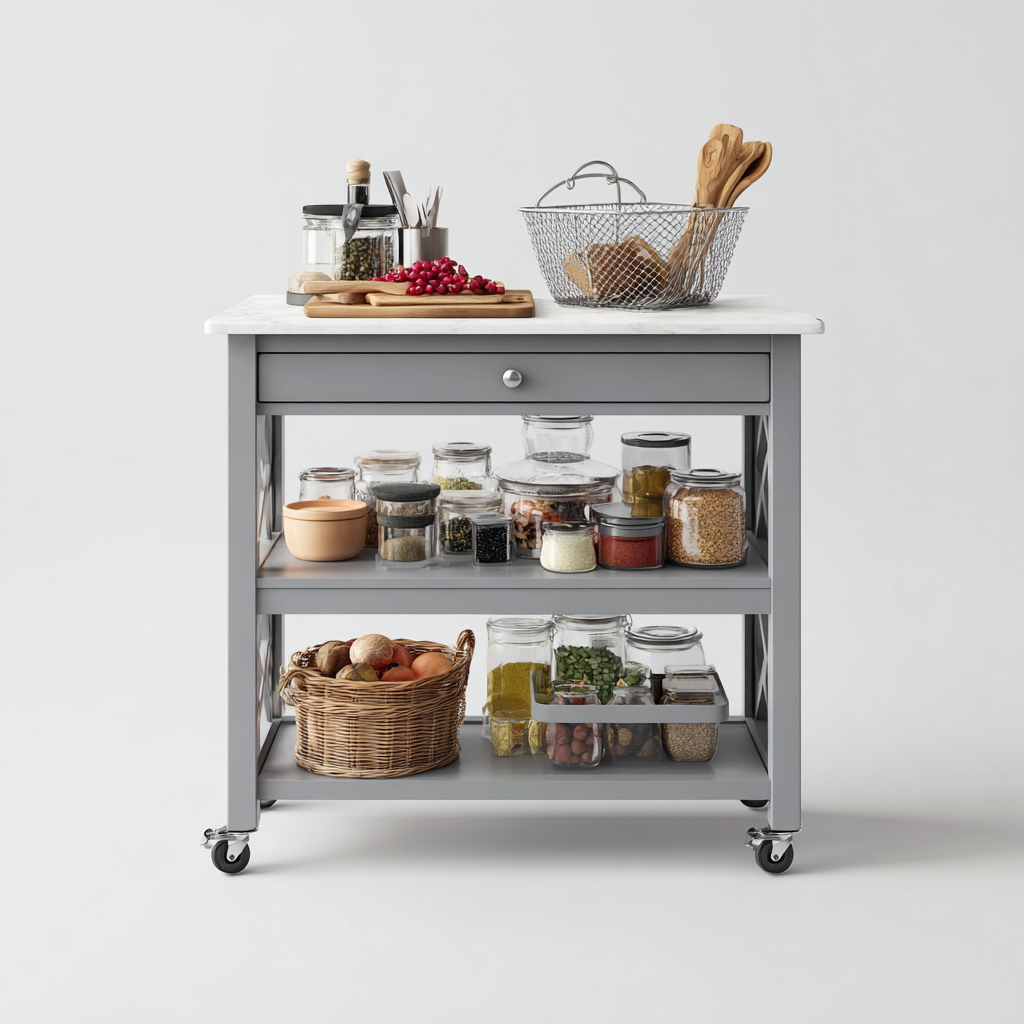 Küchenwagen-Metall-Holz-Marmor-90x55x95 cm-Grau-Weiß-mit Arbeitsfläche und Stauraum-Homiupnest