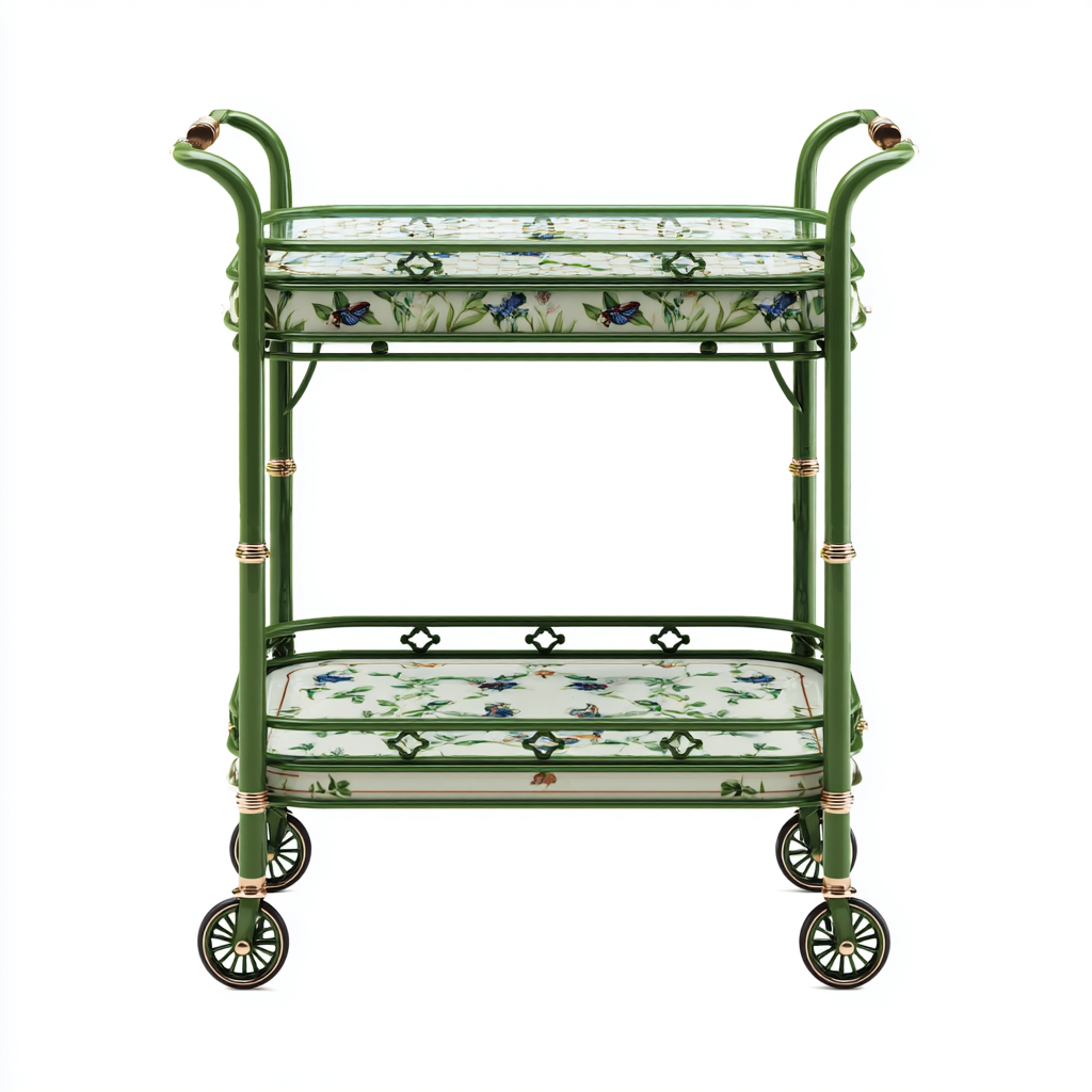 Küchenwagen-Metall-Keramik-82x48x90 cm-Grün-Mehrfarbig-mit dekorativer Ablagefläche-Homiupnest