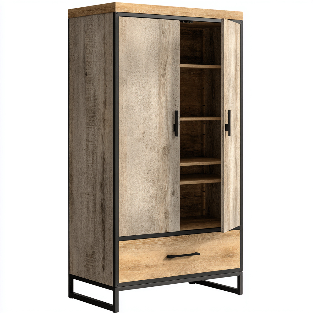 Küchenschrank - Holz - Metall - 85x40x170 cm - Eiche natur-Schwarz - modernes Design-Homiupnest