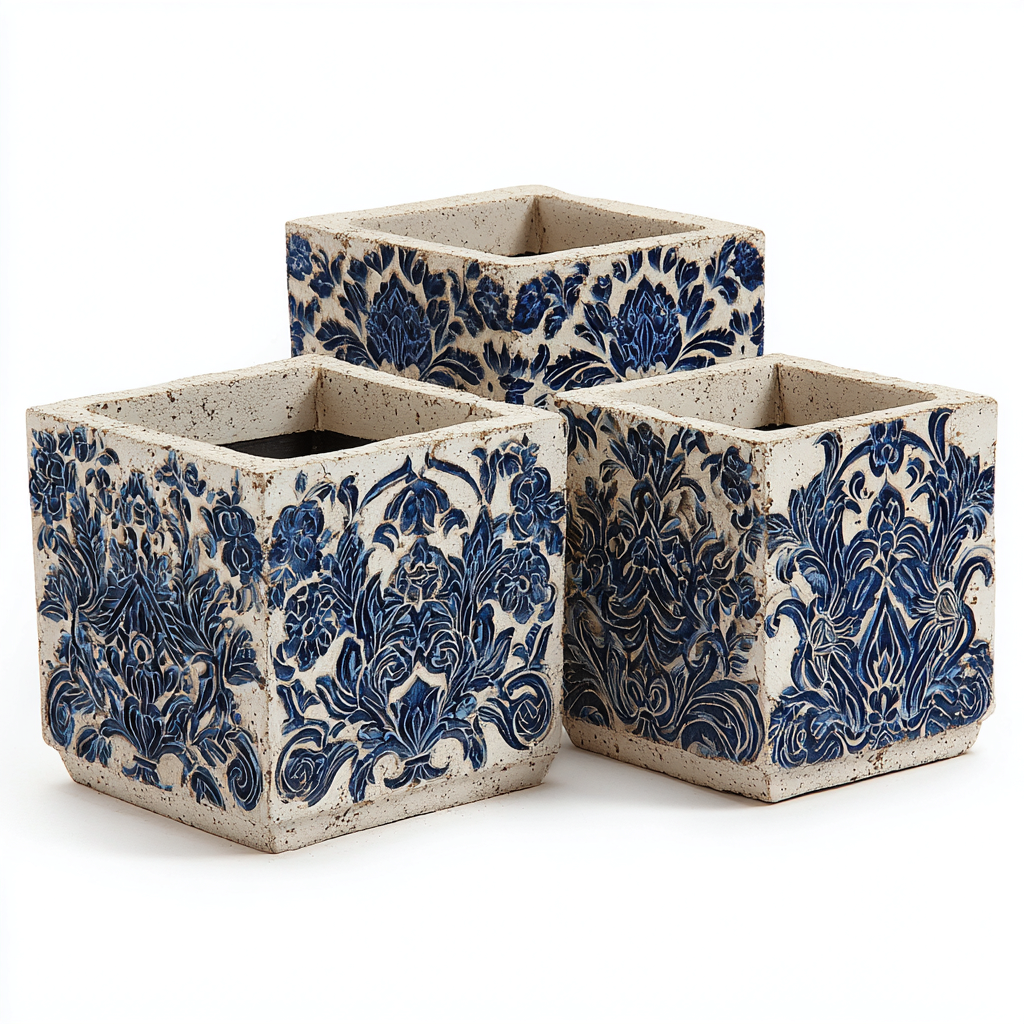 Pflanzgefäß - Keramik - 30x30x34 cm - 26x26x30 cm - 22x22x26 cm - Weiß-Blau - Vintage Stil-Homiupnest