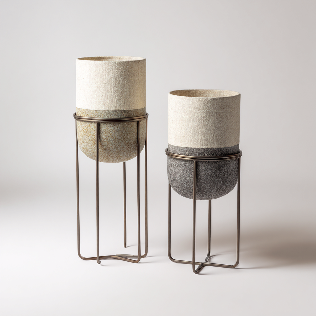 Pflanzgefäß - Keramik-Metall - 28x28x70 cm - 24x24x60 cm - Weiß-Grau - Modernes Design-Homiupnest