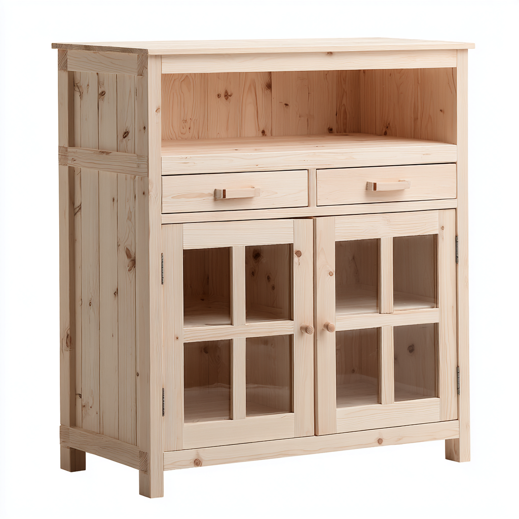 Küchenschrank - Massivholz - Glas - 90x40x120 cm - Natur - Landhausstil-Homiupnest