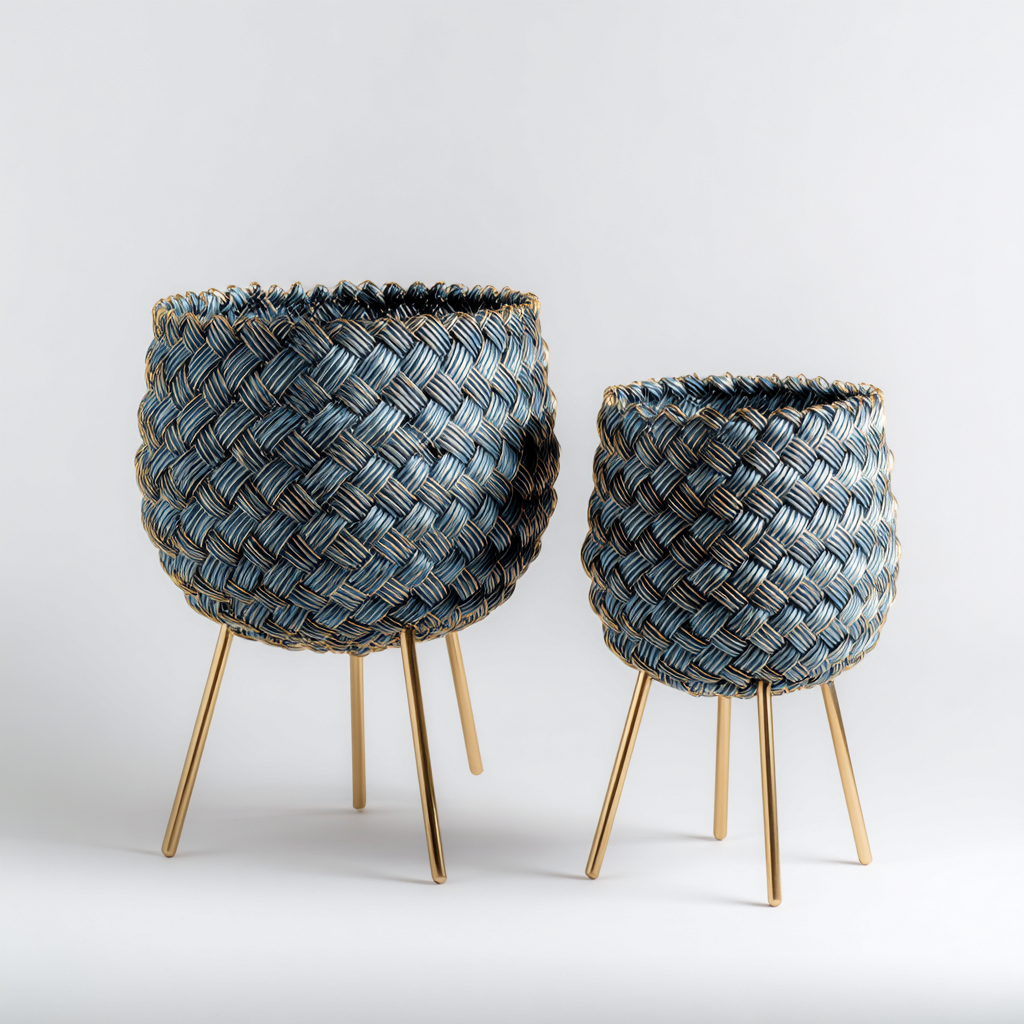 Pflanzgefäß - Metall-Kunstfaser - 30x30x60 cm - 24x24x50 cm - Blau-Gold - moderner Stil-Homiupnest