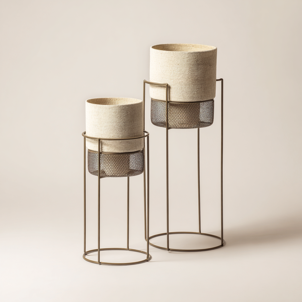 Pflanzgefäß - Geflecht-Metall - 28x28x75 cm - 24x24x60 cm - Beige-Bronze - Modernes Design-Homiupnest