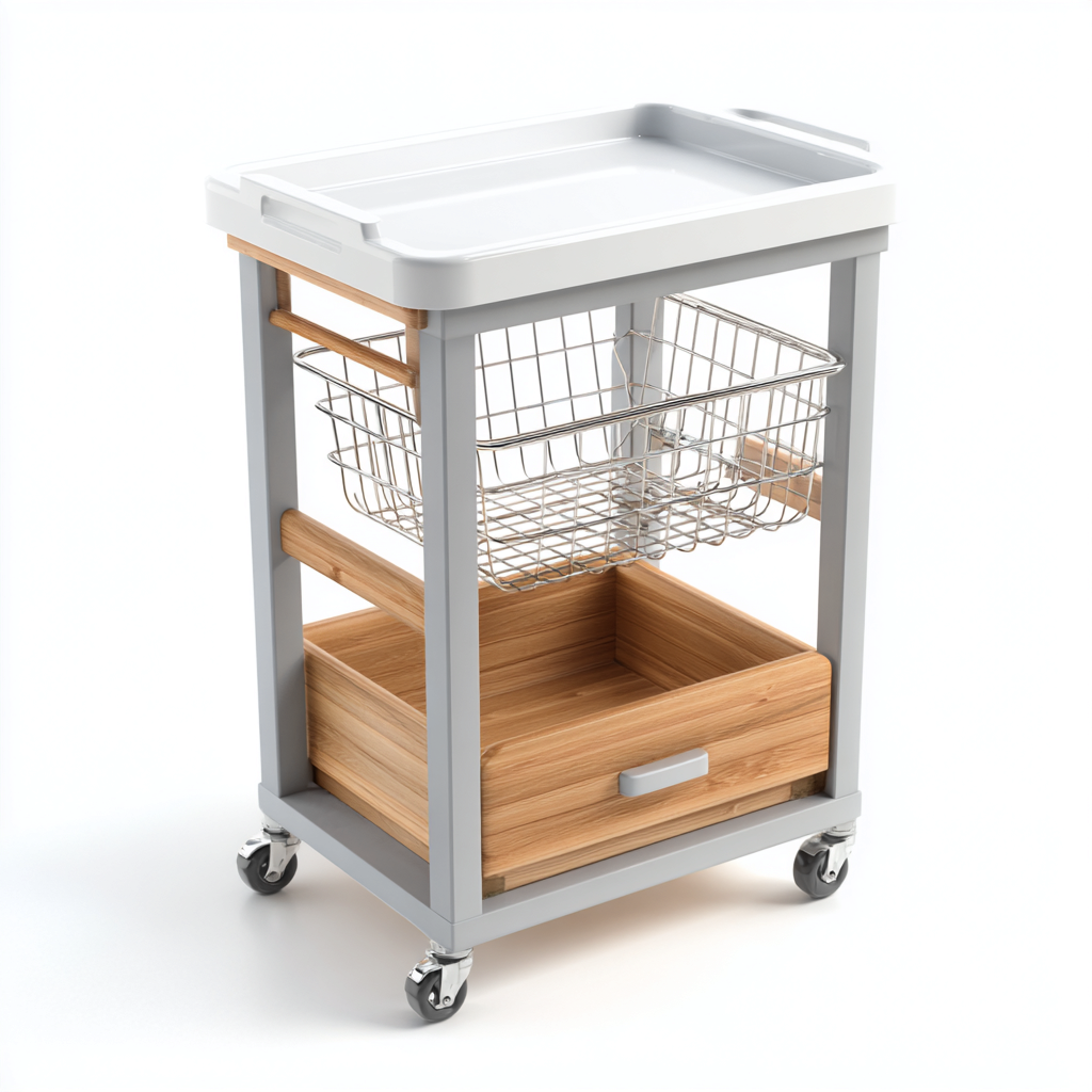 Küchenwagen-Metall-Holz-Kunststoff-78x45x92 cm-Grau-Natur-Weiß-mit Arbeitsfläche und Stauraum-Homiupnest